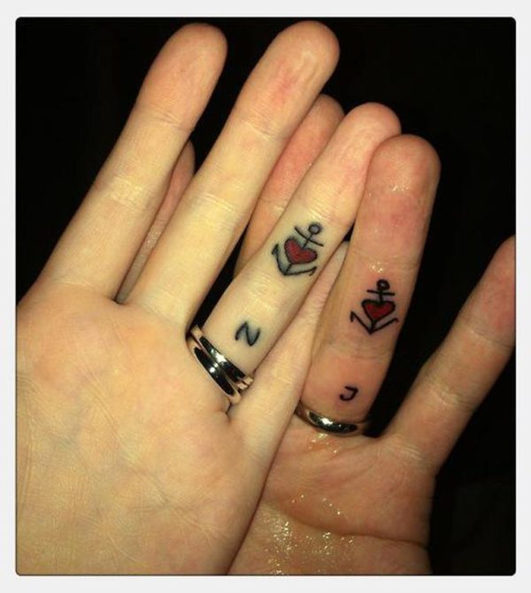 Anchor And Heart Tattoos On Fingers