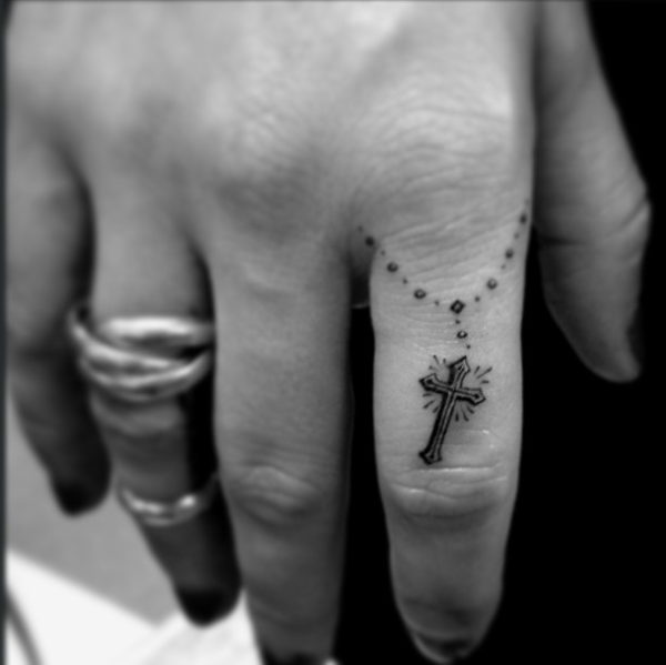 Beautiful Cross Tattoo On FInger