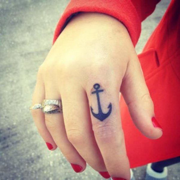 Black Anchor Tattoo On Finger