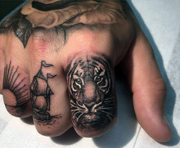 Colored Tiger Tattoo On Finger