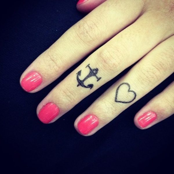 Heart With Anchor Tattoo On Girl Fingers