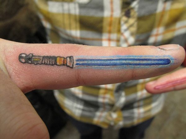 Blue Sword Tattoo On Finger