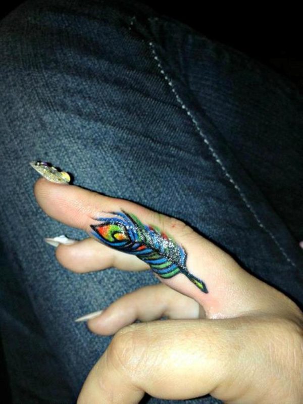 Colored Feather Finger Tattoo