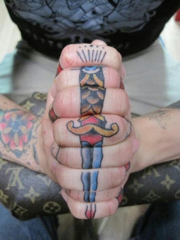 Colored Sword Tattoo On Fingers