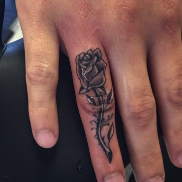 Lovely Rose Tattoo On Ring Finger