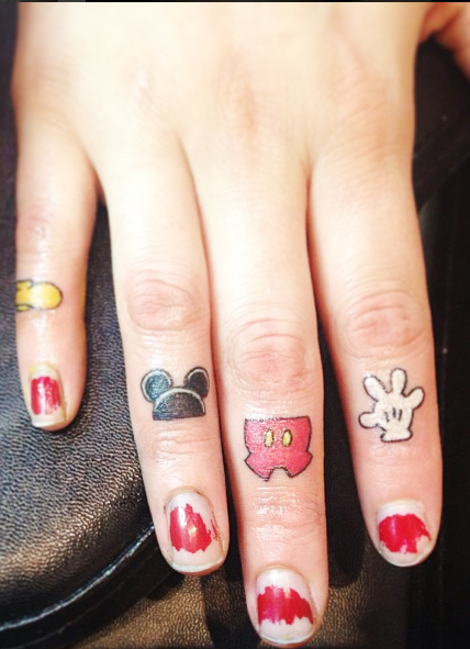 Mickey Tattoo On Fingers