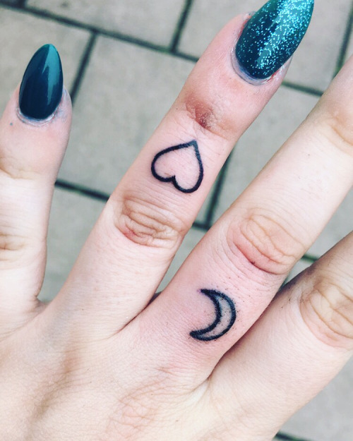 Moon And Heart Tattoo On Finger