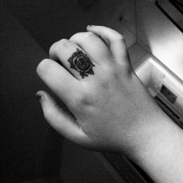 Sweet Black Rose Tattoo On Finger