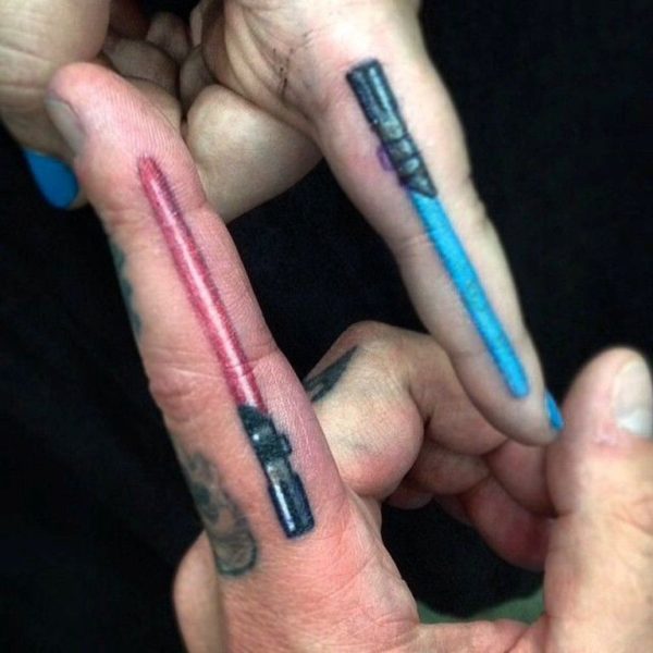 Sweet Colorful Sword Tattoo On Fingers